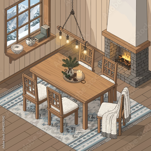 Cozy rustic dining room with fireplace and wooden furniture creating warm ambiance