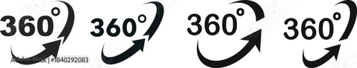 360 degrees vector icon set. Round signs with arrows rotation to 360 degrees. 360 degree complete angle or a full angle. 360 degrees logo, label, badge, symbol, banner, circle, black, line, isolated.