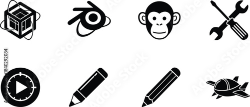 Collection of black and white icons representing technology art and engineering