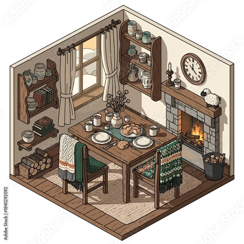 Cozy rustic dining room with vintage decor and warm fireplace ambiance creating a welcoming family