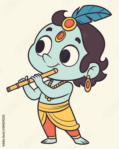 A cute, chibi-style cartoon illustration of a young Lord Krishna. He has blue skin, a peacock feather in his hair, a yellow dhoti, and is playfully blowing a flute with a cheerful expression.