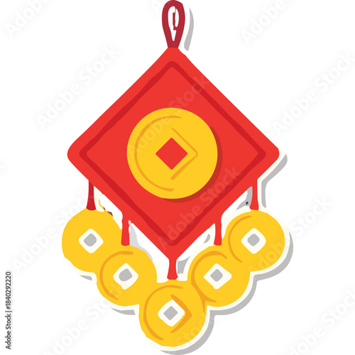Traditional Chinese New Year Prosperity Charm Red Diamond Shape With Hanging Gold Coins And Square Center Detail Isolated On Black Background