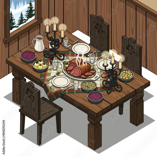 Cozy rustic mountain dining room set with a wooden table decorated for a hearty meal