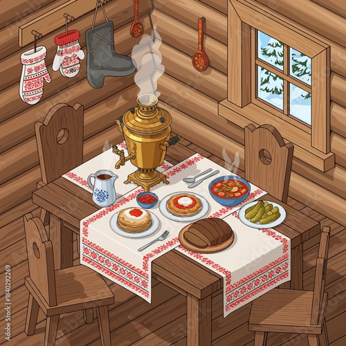 Cozy rustic wooden kitchen interior with a traditional samovar and breakfast table decor