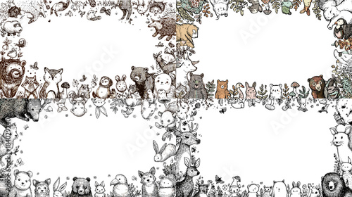 Whimsical doodle frames filled with adorable animals including cats, bears, owls, rabbits, and forest creatures. Ideal for kids designs, invitations, stationery, and playful decorative layouts.