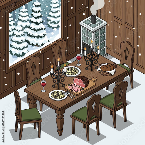 Cozy winter dining room scene with a rustic wooden table set for a meal near a snow-covered window