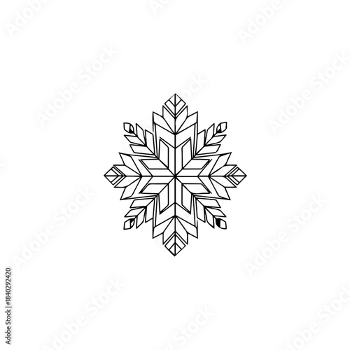 Geometric snowflake illustration, abstract crystalline structure with six symmetrical pointed branches, winter design element. (118 characters) isolated on transparent background