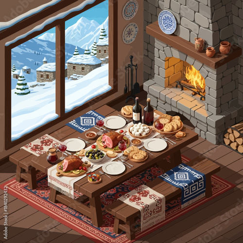 Cozy winter holiday dinner setting with a roaring fireplace and snow-covered landscape through the