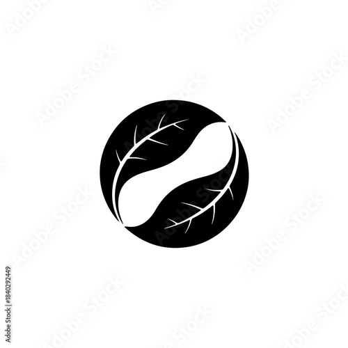 Abstract yin yang symbol formed by two black leaves with white veins inside a circle, representing balance and nature. isolated on transparent background