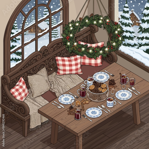 Cozy winter indoor dining scene with festive decorations and snow outside