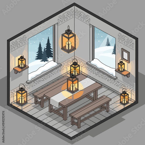 Cozy winter-themed dining room with large windows showcasing snow-covered trees and ambient