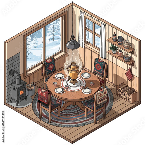 Cozy winter-themed dining nook with wood-paneled walls and a warm fireplace