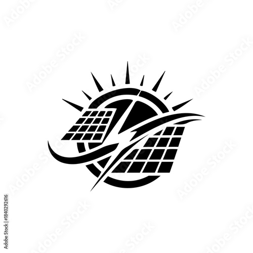 Stylized graphic of a sun with rays, solar panels, and a lightning bolt symbolizing clean energy and power generation. isolated on transparent background