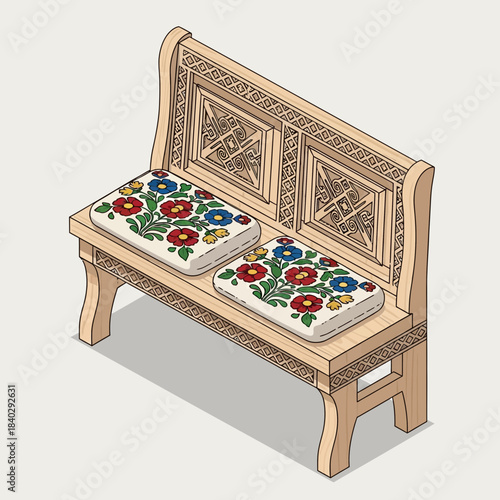 Intricately Carved Wooden Bench with Floral Cushion and Decorative Backrest
