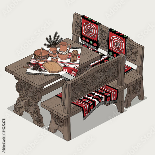 Traditional carved wooden chest with decorative textiles and handcrafted accessories