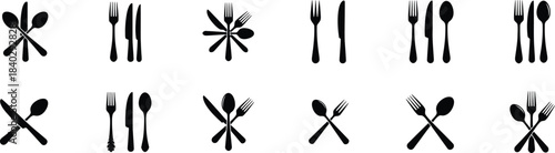 Hand drawn utensil set including forks knives spoons and serving tools isolated on white