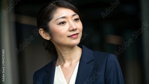 Confident professional woman business suit portrait smiling thoughtfully, confident Asian businesswoman navy blazer smiling while looking upward