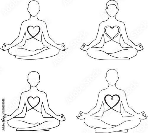 Four meditating figures in lotus pose with hearts symbolizing inner peace and mindfulness