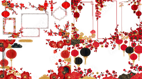 Elegant Chinese New Year themed frames decorated with lanterns, plum blossoms, clouds, and gold elements. Ideal for celebration posters, festival invitations, cultural branding, and decorative layouts