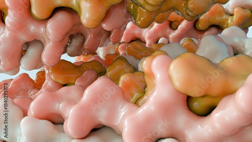 A highly magnified 3D rendering of the collagen structure, highlighting its fundamental units: triple-helix subunits that assemble to form strong fibrils and fibers.