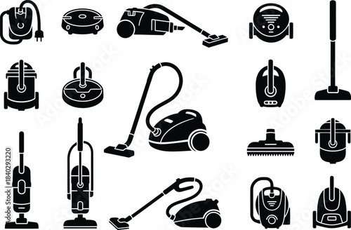 Collection of various black silhouette vacuum cleaners and cleaning equipment isolated on white