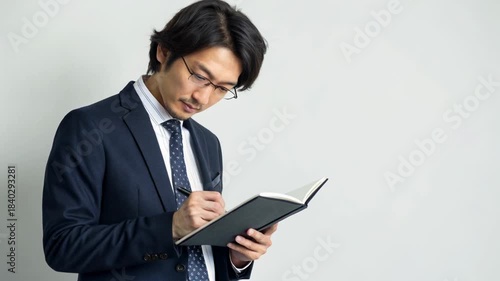 Young man businessman in suit writing in notebook with pen and eyeglasses focused on planning and organization professional office scene