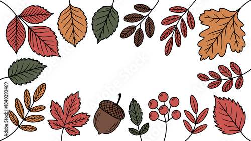 Colorful autumn leaves and berries border vector illustration, fall foliage decorative frame