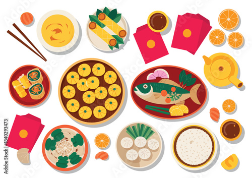 Assorted traditional Chinese cuisine featuring dumplings, whole fish, noodles and mandarin oranges served on a holiday table, suitable for lunar new year visuals, cultural posters and festive design 
