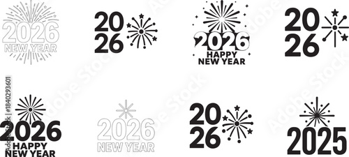 Bold 2026 New Year typography with festive firework silhouette icons for celebration designs.