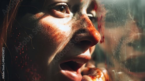 Close up of a young person with blood on their face looking out a window.
