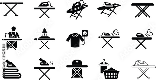 Laundry icons set including ironing boards clothes iron and garments silhouette