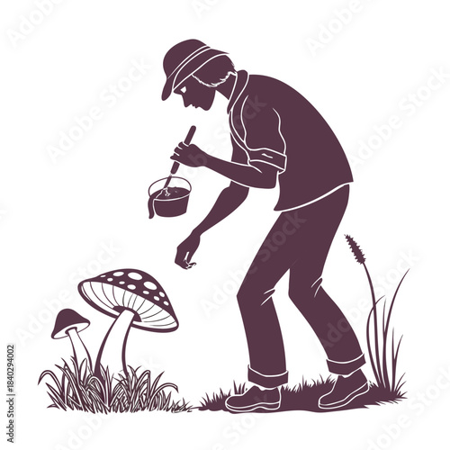 Person collects mushrooms in a forest while using a container for gathering on a sunny day