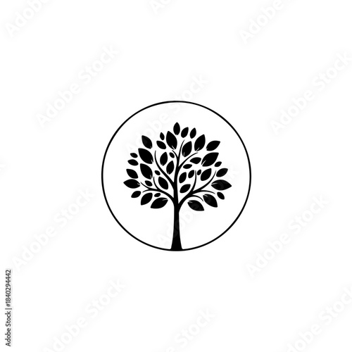 Stylized black tree of life silhouette within a circle, symbolizing growth, nature, and connection. isolated on transparent background