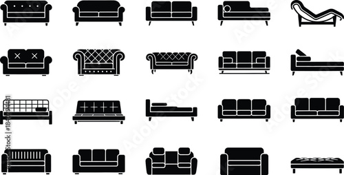 Collection of black silhouette furniture icons featuring sofas couches and lounge chairs