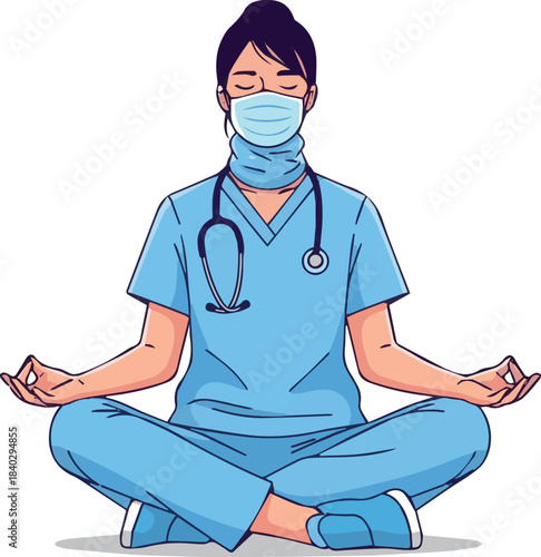 Create flat illustration of a woman wearing a face mask and s stethoscope meditating on white background.