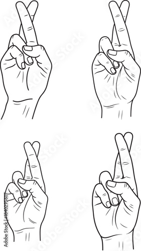 Four hand gestures fingers crossed for good luck and hope in a sketch style