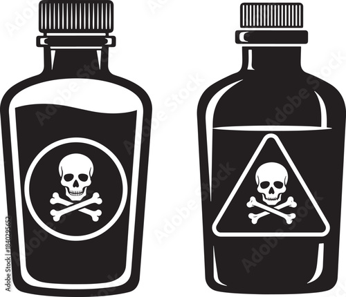 Two vintage poison bottles with skull and crossbones warning symbols