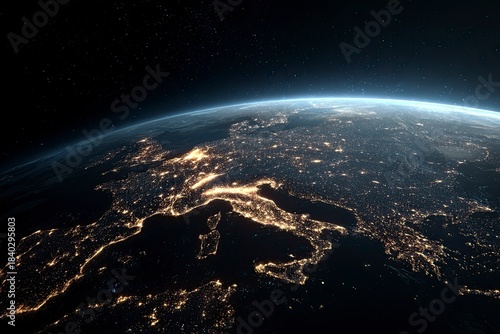 the earth at night, showing the lights of europe and spain in detail, with a dark sky background and stars on top. space view from orbit. elements illustration, 3d rendering. hd stock photo,