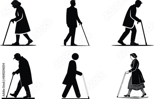 Cane Walking Silhouette Illustration | High-Quality Disability Vector | Inclusive Accessibility Symbol Design