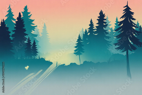 Dreamlike Foggy Forest with Pastel Tree Silhouettes