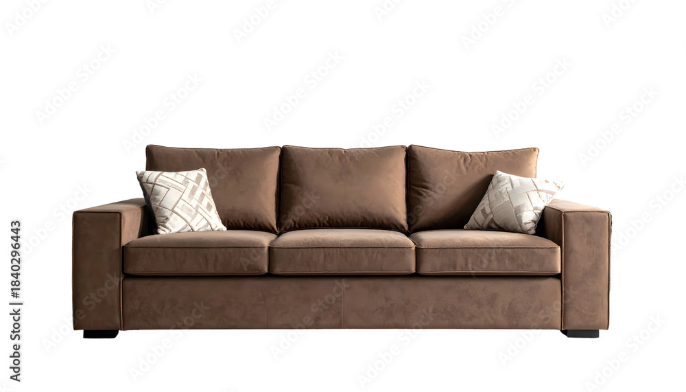 Fototapeta premium Modern leather couch furniture with cushions and pillows isolated on white background for contemporary interior home decor design