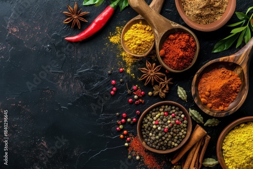 Overhead flat lay view of various colorful spices in rustic wooden spoons and clay bowls, spilled textured background on dark table