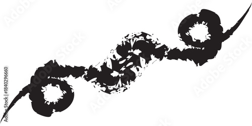 Abstract Black Brushstroke Swirls with Textured Jagged Edges on White Background.