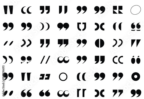 Quotation marks icon set, featuring black quote symbols, simple punctuation designs and clean vector shapes