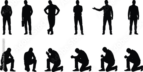 Black male silhouette standing and kneeling business poses set, confident, thinking and presenting gestures isolated on white background illustration