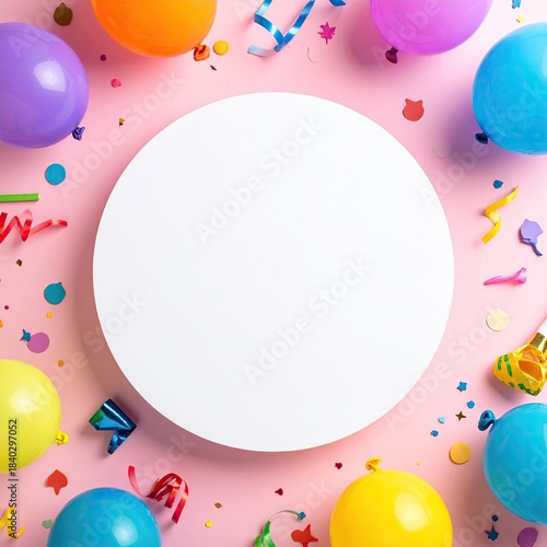 Blank white circle surrounded by colorful balloons, confetti, and streamers on a pink background