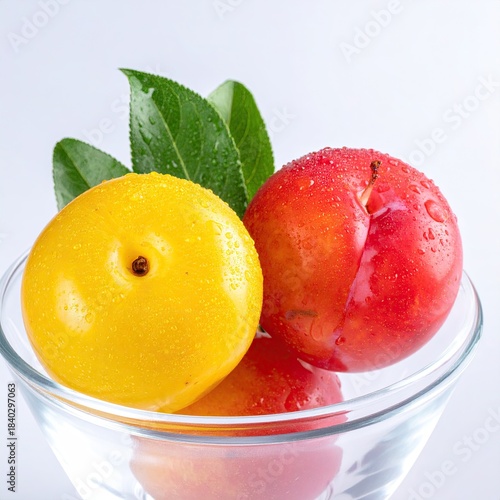 Two plump, round plums, one yellow and one red, rest in a clear glass bowl.  Fresh green leaves with water droplets top the fruit
