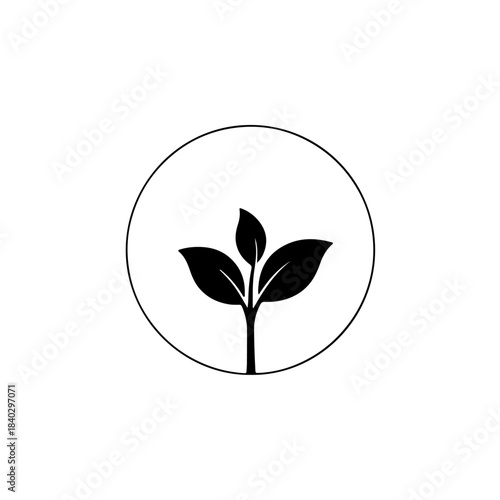 Black and white silhouette icon of a sprouting plant with three leaves inside a circle, symbolizing growth and new beginnings isolated on transparent background