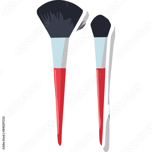 Two Makeup Brushes White Red Blue Black Bristles with Metal Ferrule on Black Background
