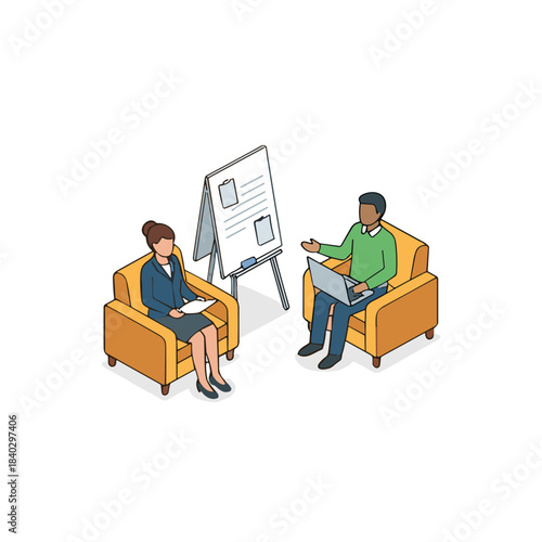 Two People In Armchairs Discussing Presentation On Flip Chart With Laptop In Front Of Them In Brightly Lit Room With White Background
